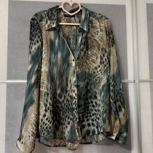 Maven West Olive Green and Cream Animal Print Blouse